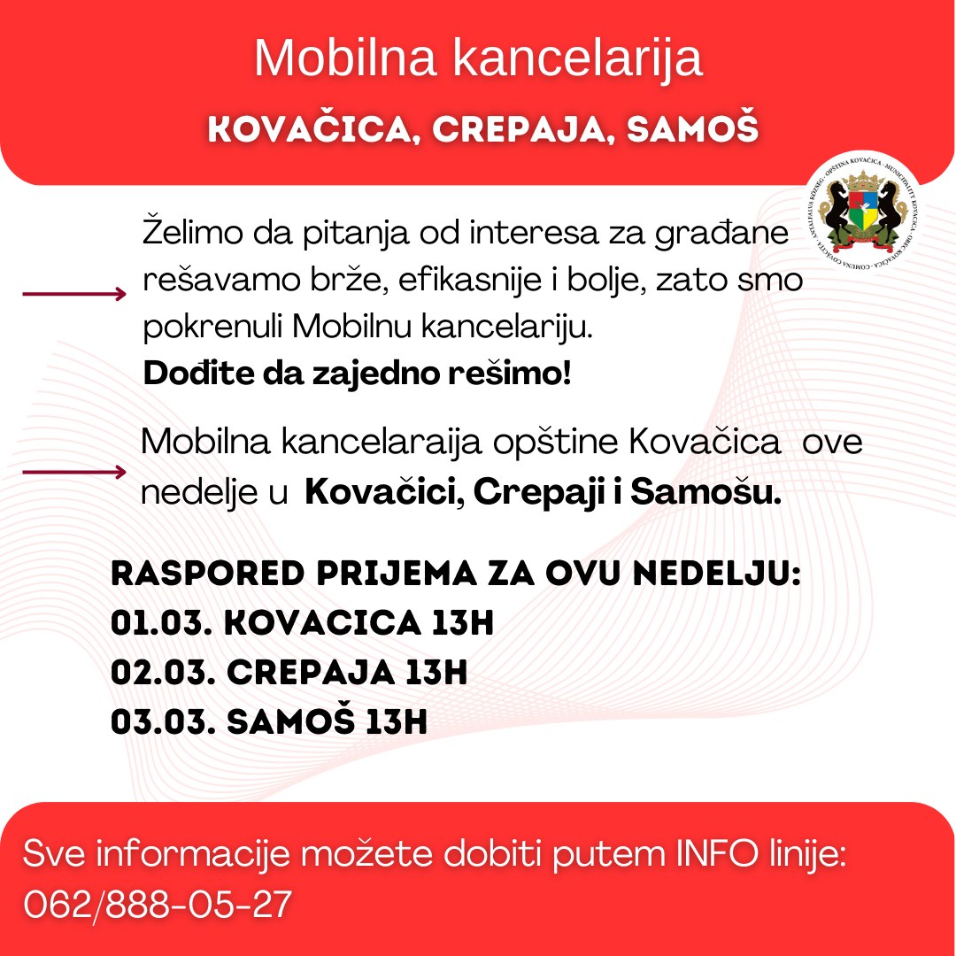 Ove nedelje mobilna kancelarija Opštine Kovačica  u Crepaji i Samošu